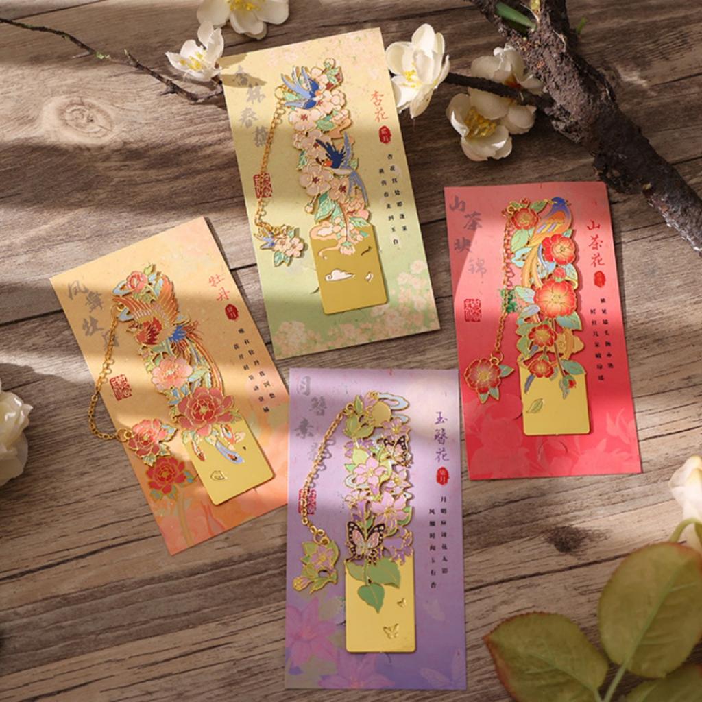 12 Monthly Climate Flowers Bookmark Exquisite Artistic Metal Bookmarks with Long Chain Tassel Students Book Clip Reading Tool