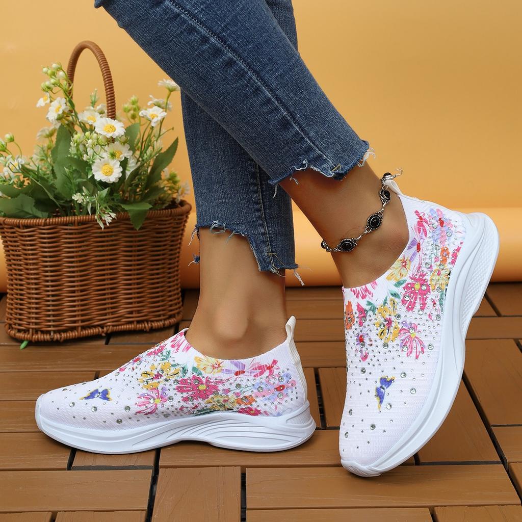 Casual women's shoes running shoes printed flower rhinestone one pedal lazy leisure sports
