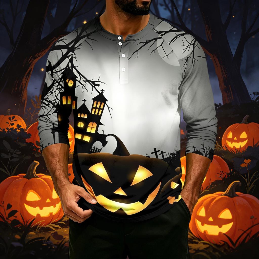 Men's Casual Raglan Three-Quarter Sleeve Shirt Halloween Print