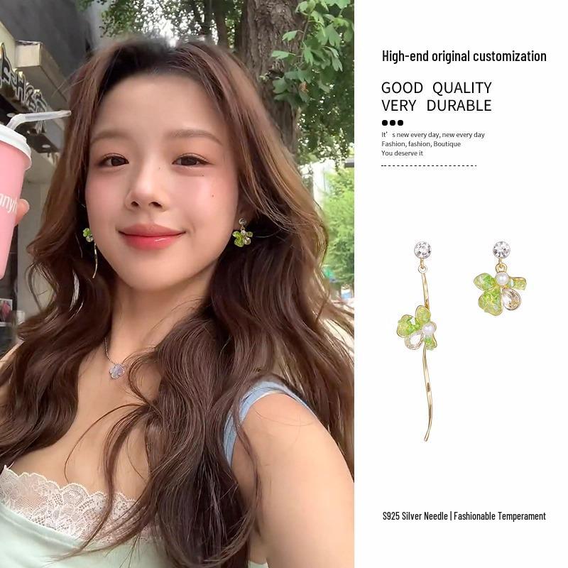 Summer Green Asymmetrical Long Petal Flower Earrings with Beach Pearl Accents