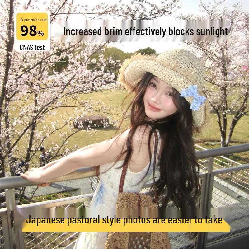 Women's Large Brim Bow Straw Hat - Japanese Pastoral Style, UV Protection, Summer Seaside Outdoor Sun Hat