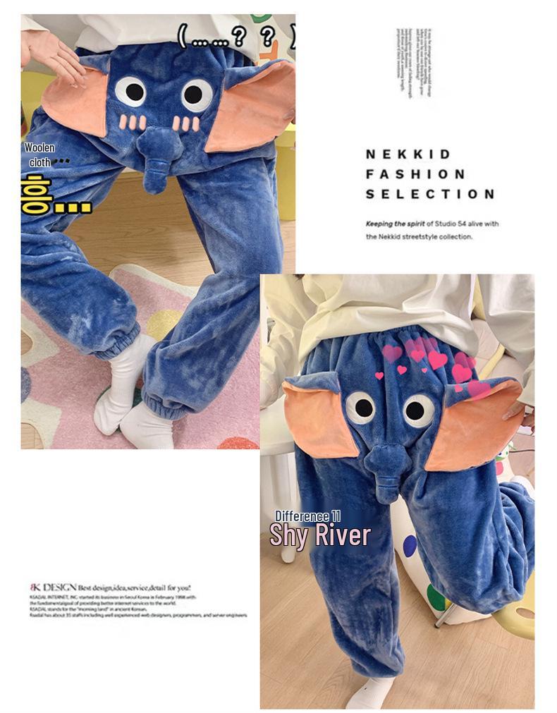 Pantalon de Nuit Unisexe Mignon Éléphant en Flanelle - Ample, Drôle, Style Automne/Hiver