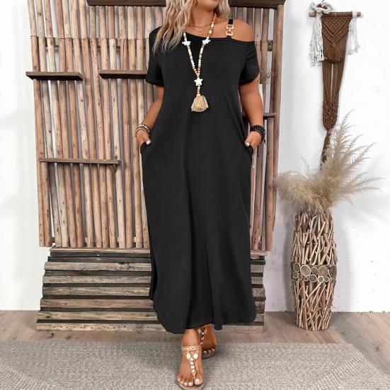 Women Dress Short Sleeve One Off Shoulder Loose Fit Sexy Dress Pure Color Loose Fit Side Slit Hem Maxi Dress with Pockets Belt