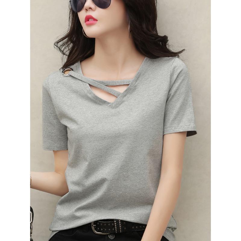 Women's Casual Fashion V-Neck Top Summer White T-shirt