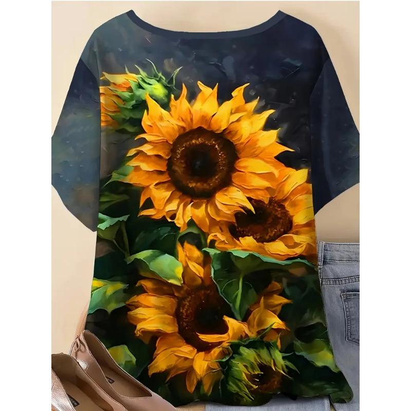 Plus Size Women's 3D Printed Sunflower Pattern T-shirt An Elegant Casual Crew Neck Short Sleeved Top