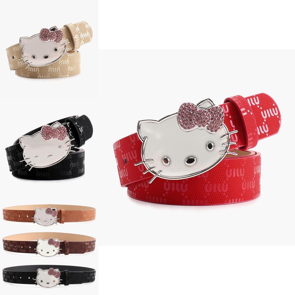Metalowy Pasek Damski Hello Kitty z Nadrukiem Litery i Cyrkoniami do Codziennego i Eleganckiego Ubioru