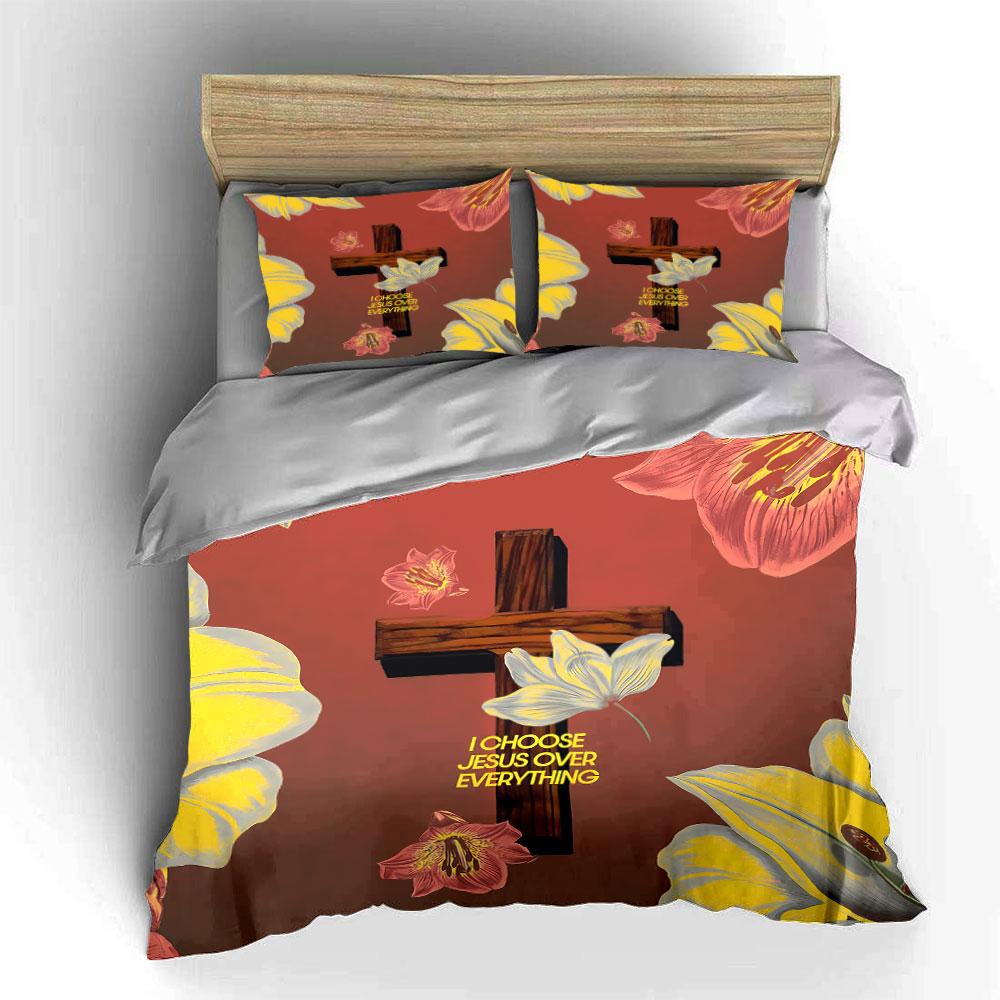 Choose Jesus Floral Cross Design Bedding Duvet Cover Set Duvet Cover Pillowcases (1*Duvet Cover 2*Pillowcases, Without Duvet Insert)