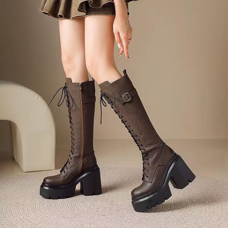 Knight Boots Women Autumn Winter Round Toe Side Zip Lace-Up Belt Buckle Skinny Platform Heels