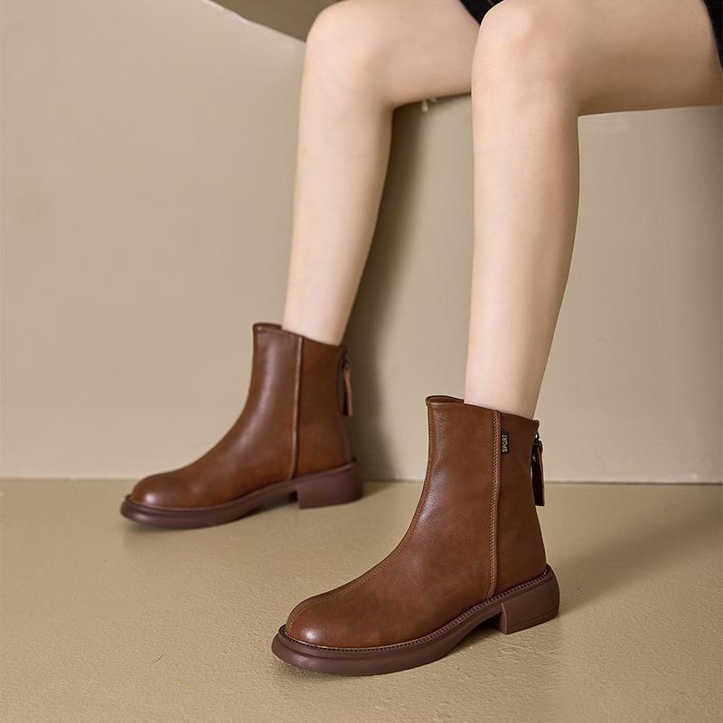 Women's Boots 2025 Autumn/Winter Plush Soft Leather Boots Women's Korean Edition Back Zipper Women's Boots Retro Casual Shoes