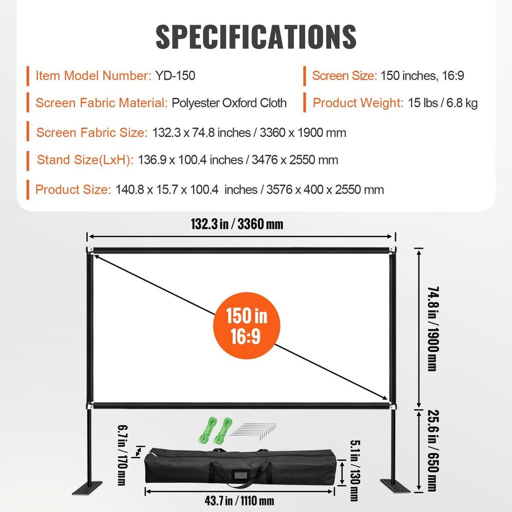 Outdoor Movie Screen w/ Stand, 150" Portable Movie Screen, 16:9 HD Wide Angle Outdoor Projector Screen, Front & Rear Projection, w/ Storage Bag &