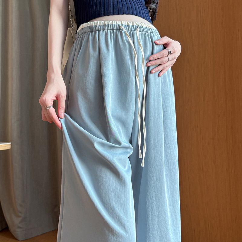 Spring 2026 Ice Silk White Maternity Wide-Leg Pants: Thin, Color-Blocked, Straight-Leg with Drawstring Large
