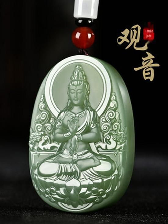 Xinjiang Hotan Mutton Fat Jade Guanyin Pendant for Men: Lotus-Sitting Bodhisattva with Certificate