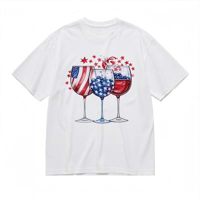 Women's Fashion Comfortable Classic T-Shirt Mens Womens Tees Top American Flag Wine Glass Cotton Tee