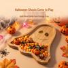 Křížový dřevěný podnos na Halloween: Talíř s dekorací lebky, dýně, ducha a netopýra