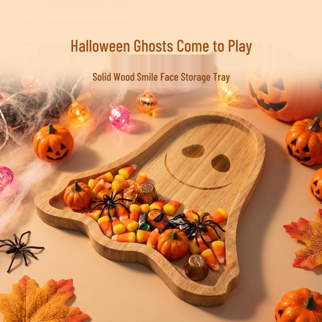 Křížový dřevěný podnos na Halloween: Talíř s dekorací lebky, dýně, ducha a netopýra