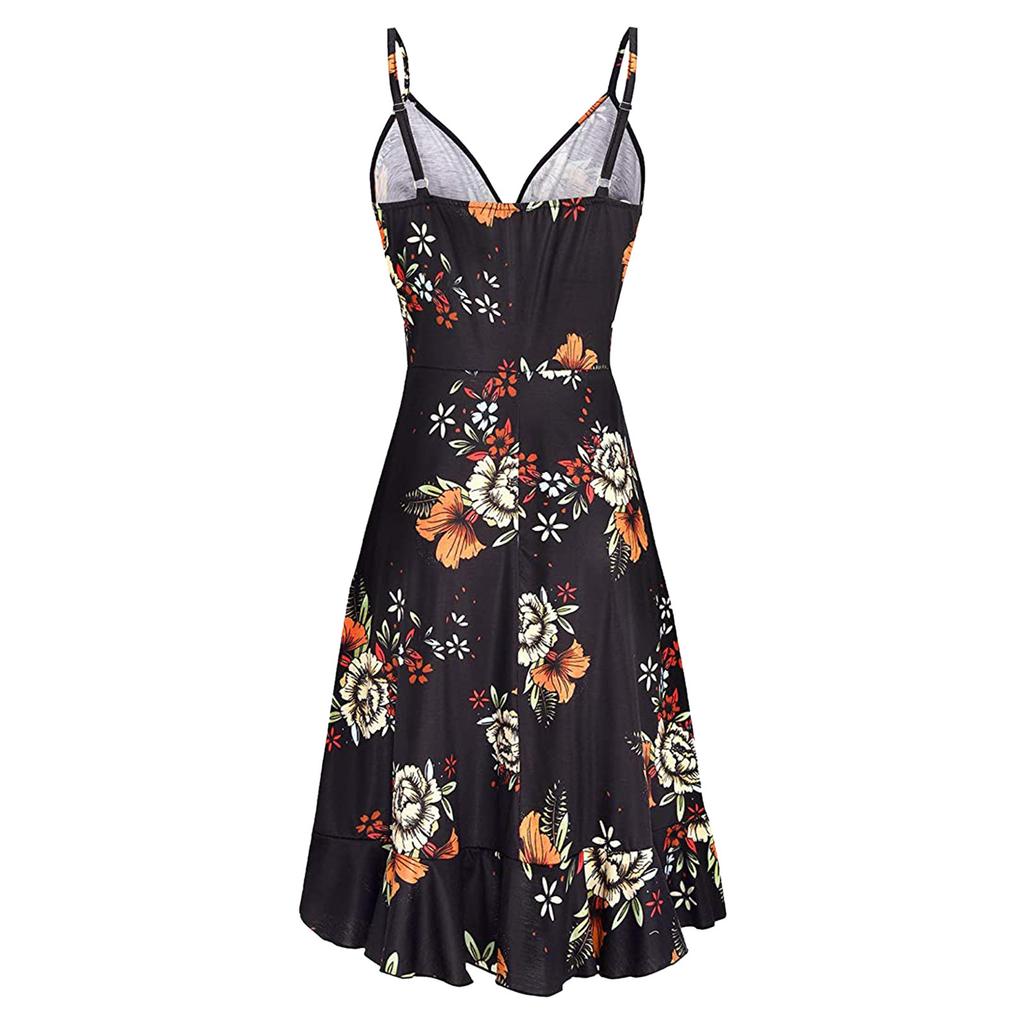 Women Casual Print V-Neck Sleeveless Sling Dress