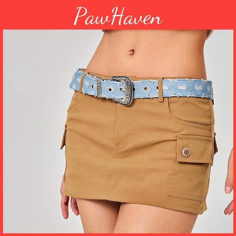 Retro Denim Cloth Carved Buckle Blue Waistband Adjustable Fit Material Fabric