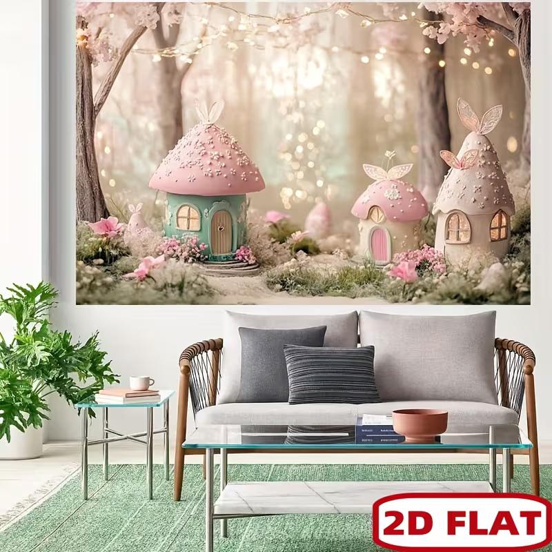 2D Pastel Fairy Mushroom Tapestry, Enchanted Forest Wall Art for Aesthetic Girls Bedroom