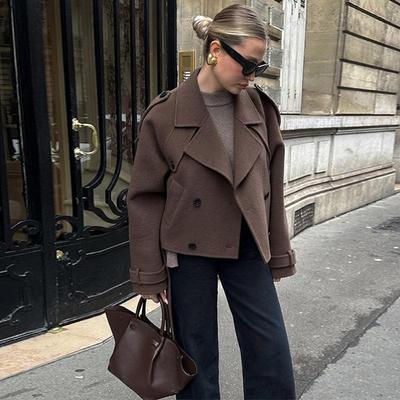 Casaco de lã trespassado sólido feminino lapela manga comprida bolso jaqueta curta outono inverno chique vintage agasalho quente