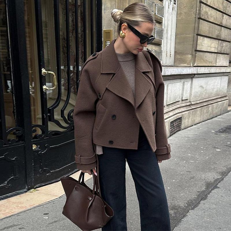 Dámské jednořadé dvouřadé vlněný kabát klopa kapsa s dlouhým rukávem krátká bunda podzimní zima šik Vintage teplé svrchní oblečení
