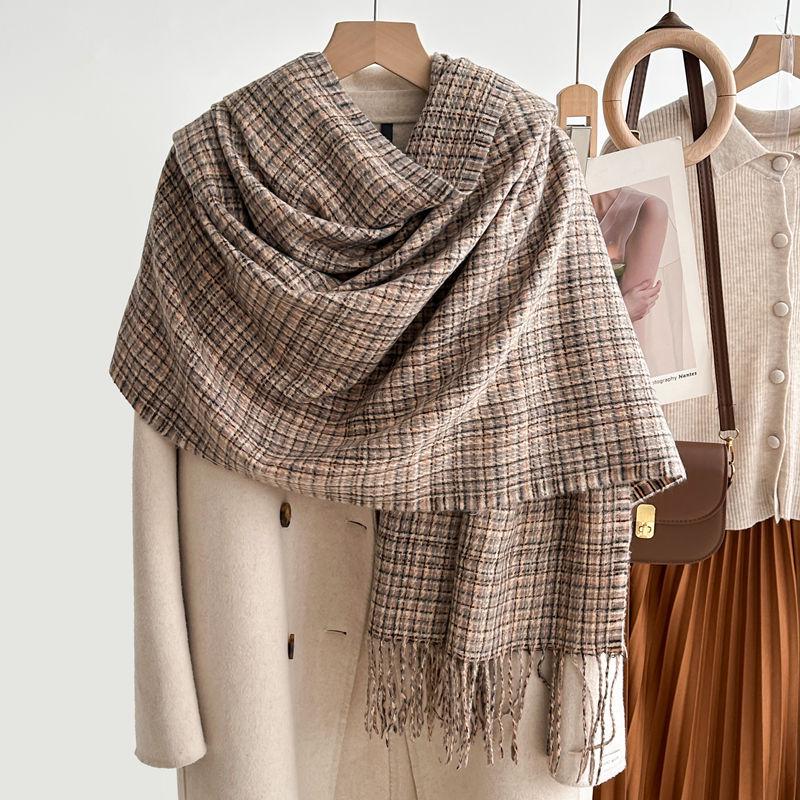 Women's Winter Plaid Imitation Cashmere Tassel Scarf, Thickened Korean Style Neck Warmer