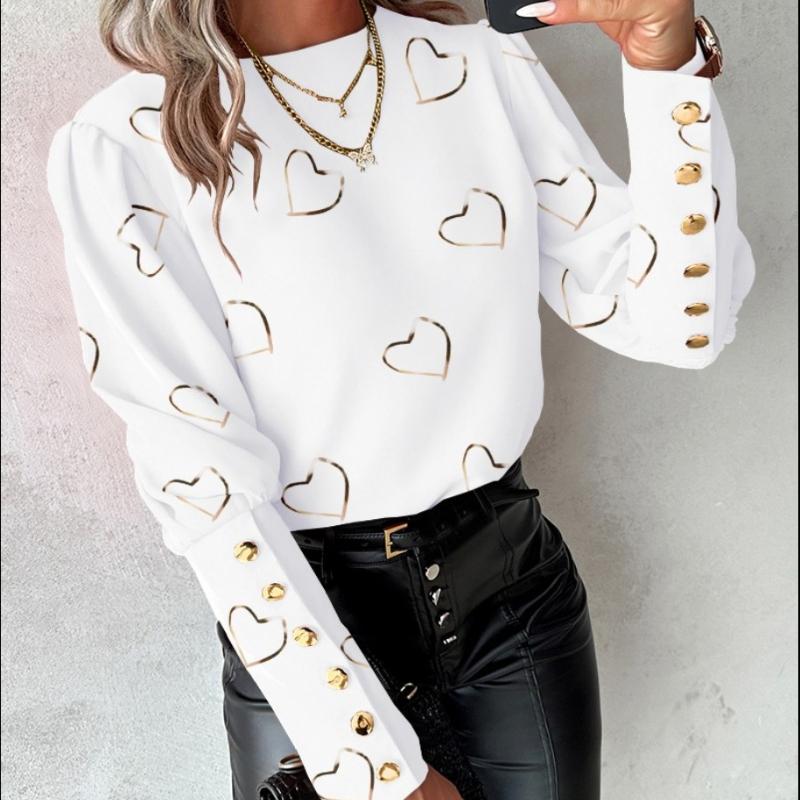 

BITCED женская осенне-зимняя модная рубашка с длинным рукавом и круглым воротником на пуговицах с принтом, блузка XXL белый