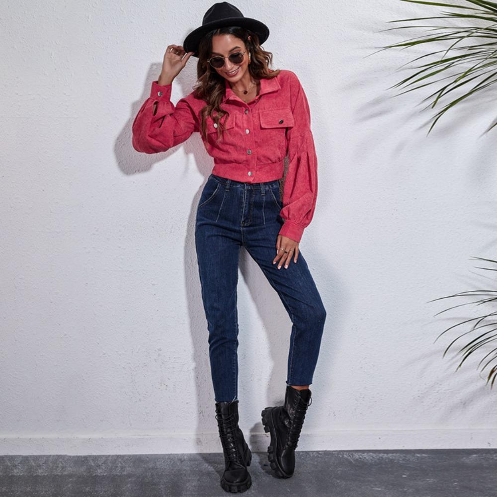 GMXIA Women's Vintage Casual Solid Color Print Autumn Winter Long Sleeve POLO Neck Jackets & Coats