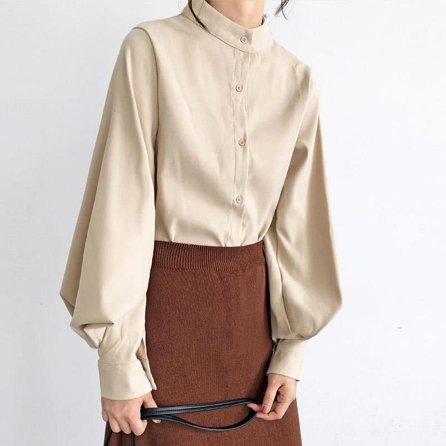 Black Stand Collar Shirt for Women, Trendy Petite French Style Elegant Shirt, Retro Hongmei Sleeve Top