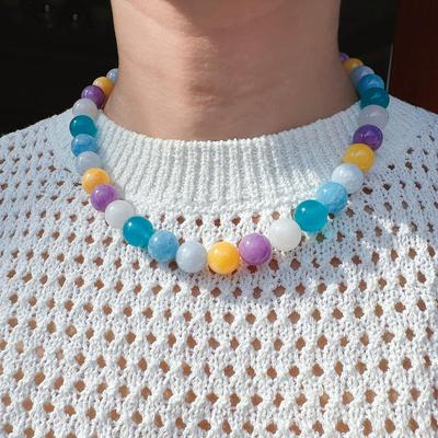 Original Summer New Dopamine Color High-End Natural Stone Beaded Necklace Large Round Bead Bracelet Earrings Set 66