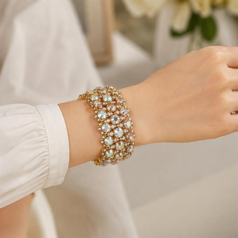 Stretch Bracelet with Repeating Figure-8 Links, Gold-Tone Zinc Alloy Design and Clear Decorative Rhinestones Details