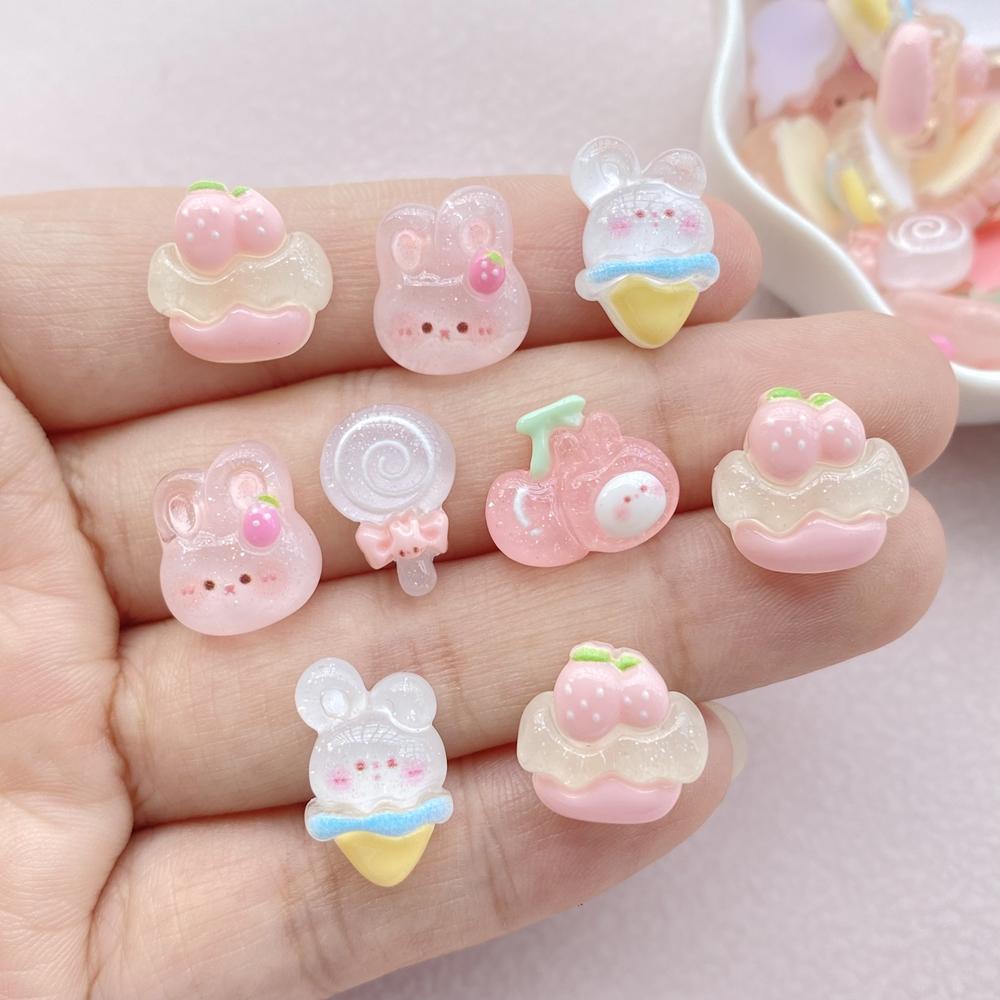 

20Pcs New Cute Resin Cartoon Rabbits, Ice Cream, Lollipops Flat Back Ornament Jewelry Making Manicure Hairwear