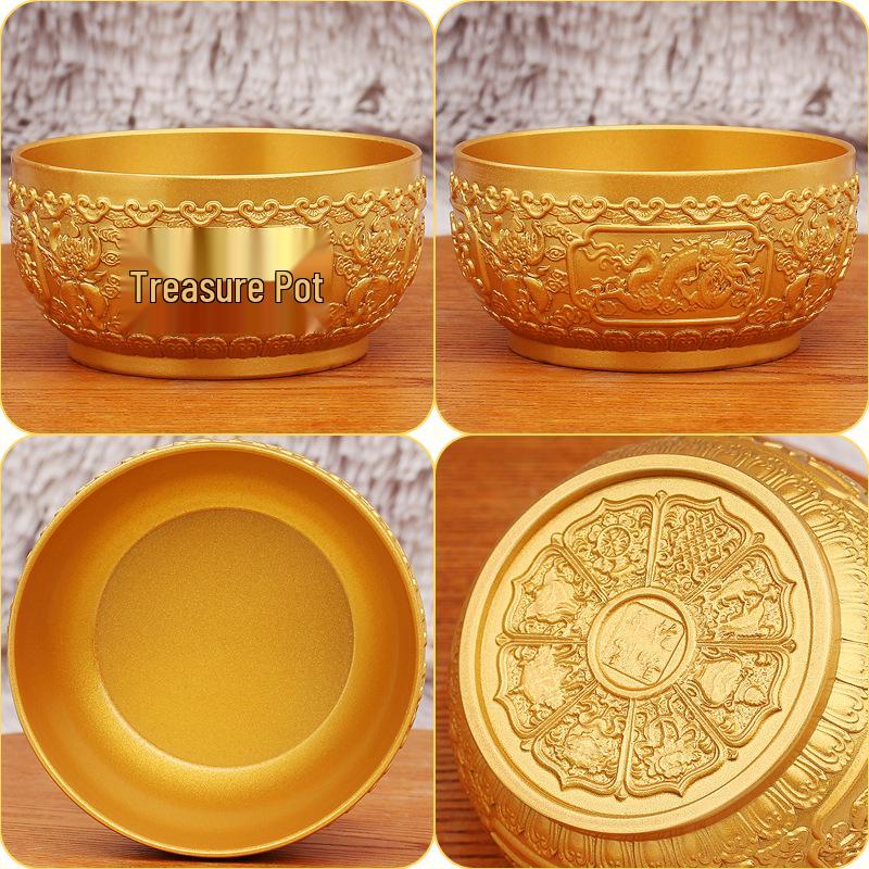 Brass Dragon and Phoenix Treasure Pot - Gold Eight Treasures Copper Bowl Ornament