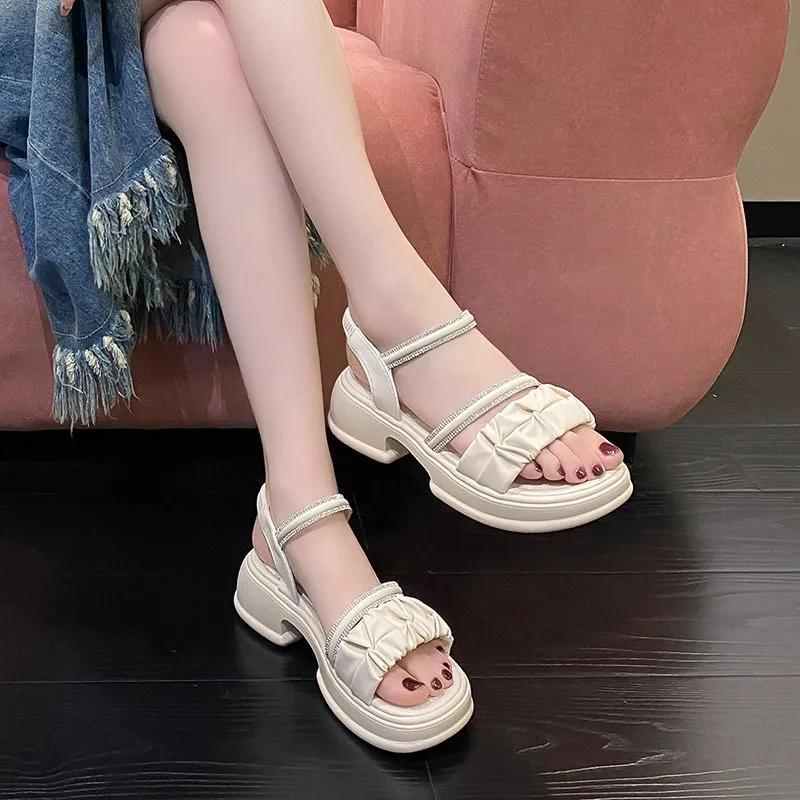 2024 Лето Новые Круглые Носки Открытый Носок Однотонные Водные Алмазные Пряжки Толстая — фото 5