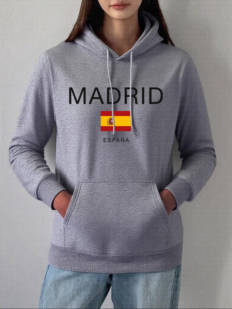 Madrid Spain Flag Printing Hoodies Women Autumn Winter Fleece Warm Sweatshirt Basics Pocket Pullover Casual Loose Womans Clothes