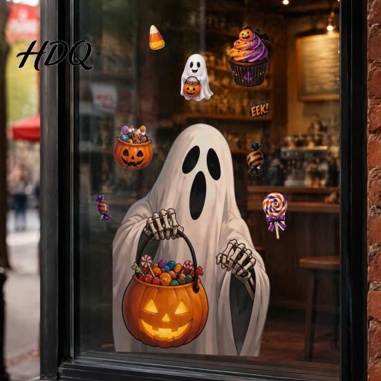 Halloween Window Clings Cute Cartoon Static Clings, Ghost Jack-O-Lantern Candy Glass Festive Home Ornaments Decals, Removable Stickers for Party Store