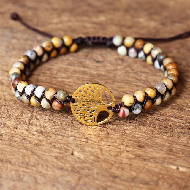 Handmade Natural African Stone Beaded Boho Yoga Wrap Bracelet &Bangle Stainless Steel Tree Of Life Braided Charm Bracelet