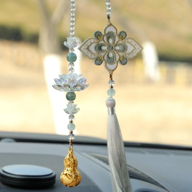 Embroidered Lotus Good Luck Gourd Tassel Car Hanging Ornament