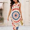 Women Plus Size Round Neck Sleeveless Navy Blue Printed Bodycon Midi Dress