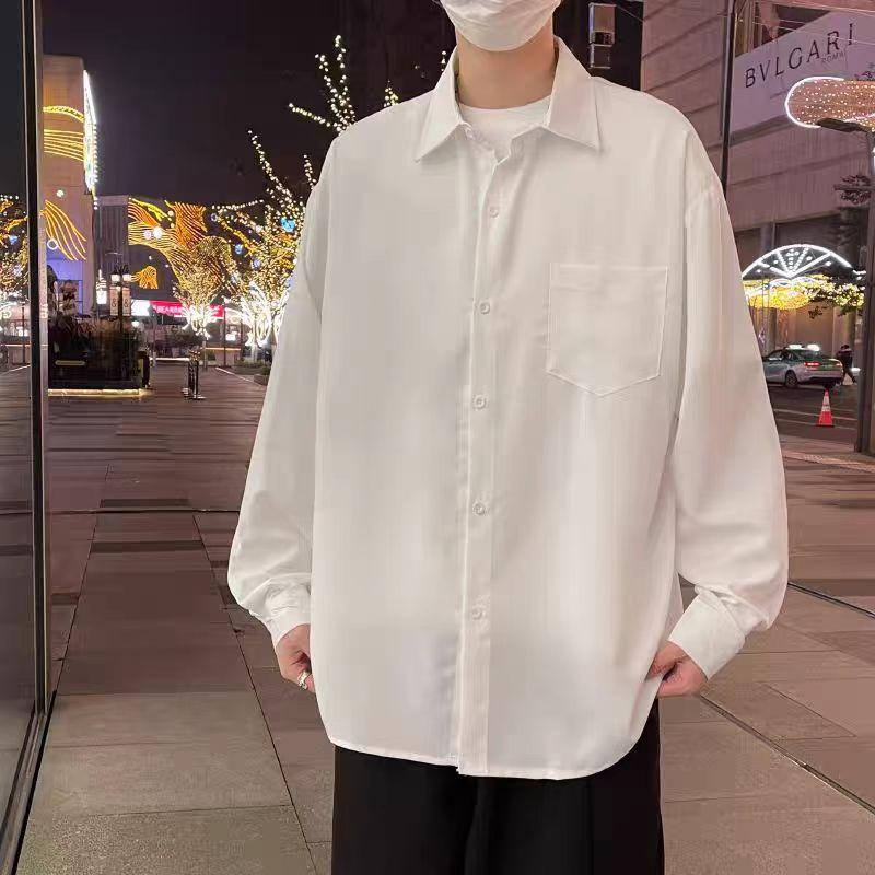 Czarne koszule z długimi rękawami Męskie koreańskie wygodne bluzki Casual Luźna koszula jednorzędowa z krawatem