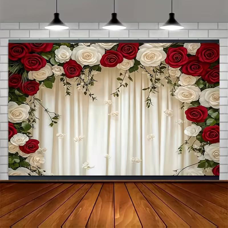 2D Red & White Rose Backdrop Cream Curtain Wedding Ceremony Background