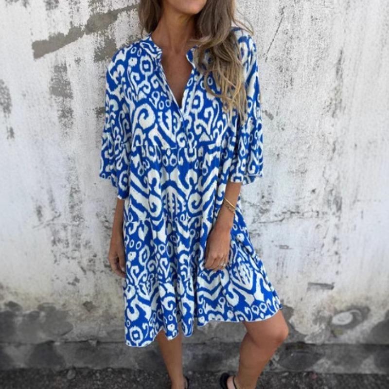 

Women s Spring Summer Four-sided Elastic Casual V-neck Print Pleated Dress 3XL чорний