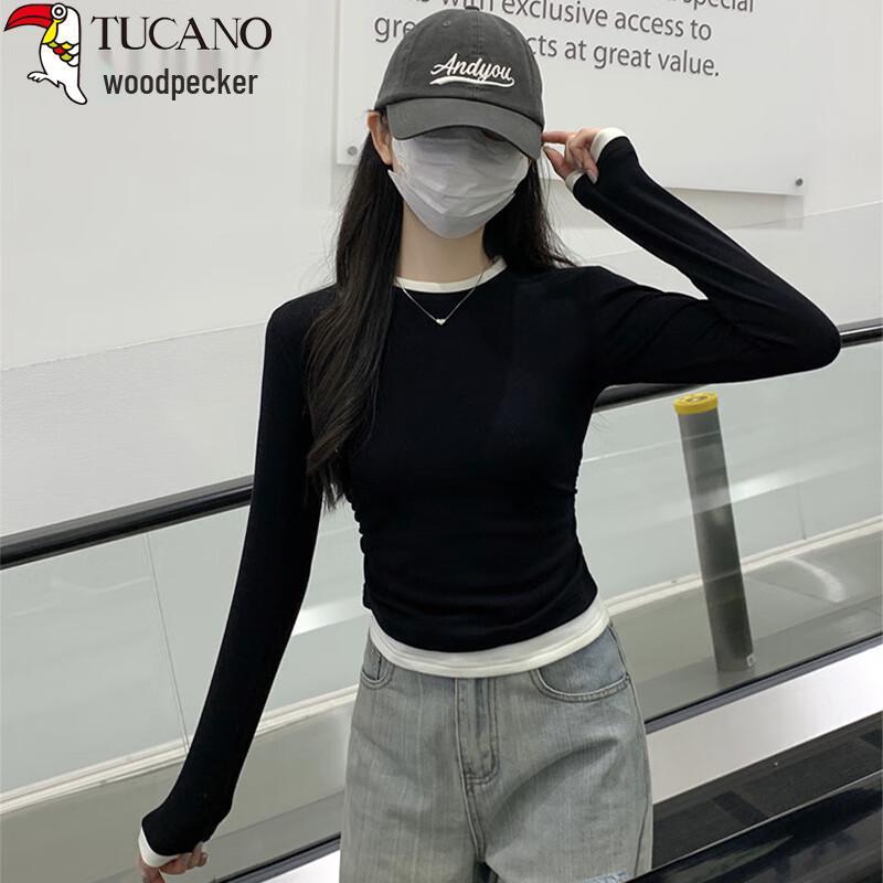 Women s Color Block Faux Two-Piece Long Sleeve Top S