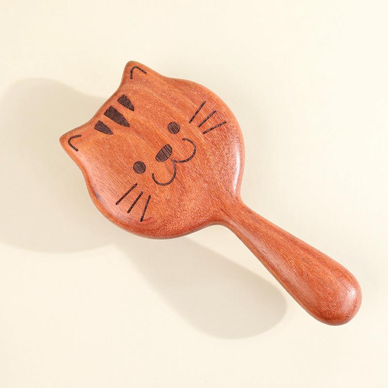 Small Cat Shaped Wide Tooth Sandalwood Hair Comb Portable Detangling Massage Brush with Fun Playful Design for All Hair Types