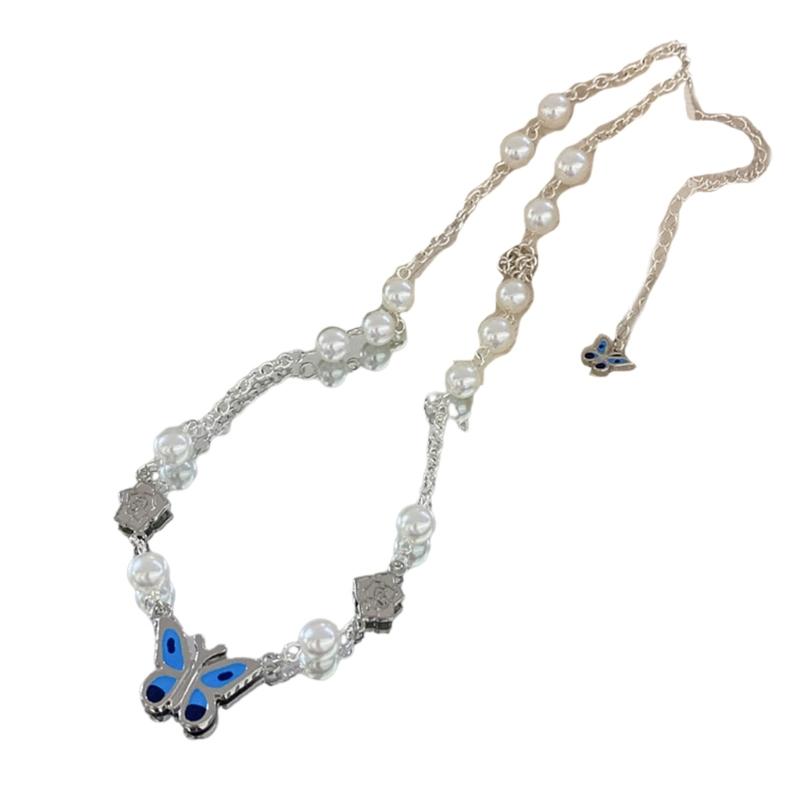 Women's Butterfly Pendant Beaded Necklace Flower Pearl Chain Necklace Y2K Clavicle Chain Choker Necklace Jewelry Gift