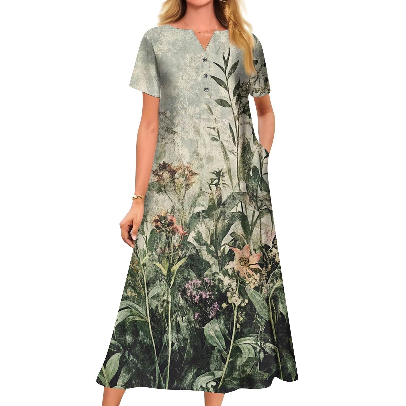 

Женское летнее платье свободного кроя с принтом, V-образным вырезом и короткими рукавами XXL