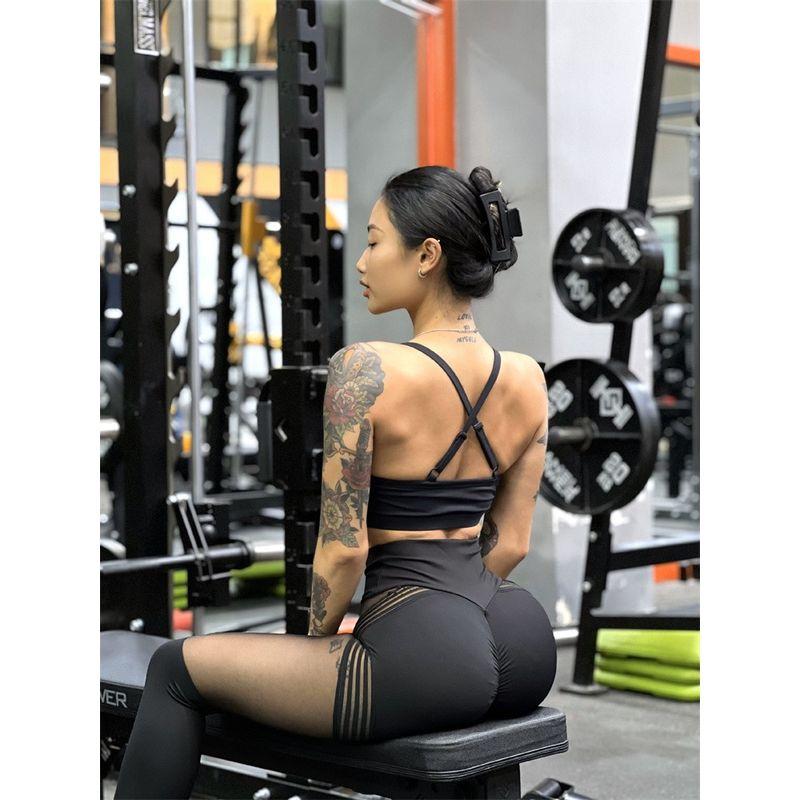

Fashion Sexy Mesh Stitching Sports Bra for Women Yoga Shockproof Push up Adjustable Workout Underwear Quick-Drying Beauty Back L Black Suit