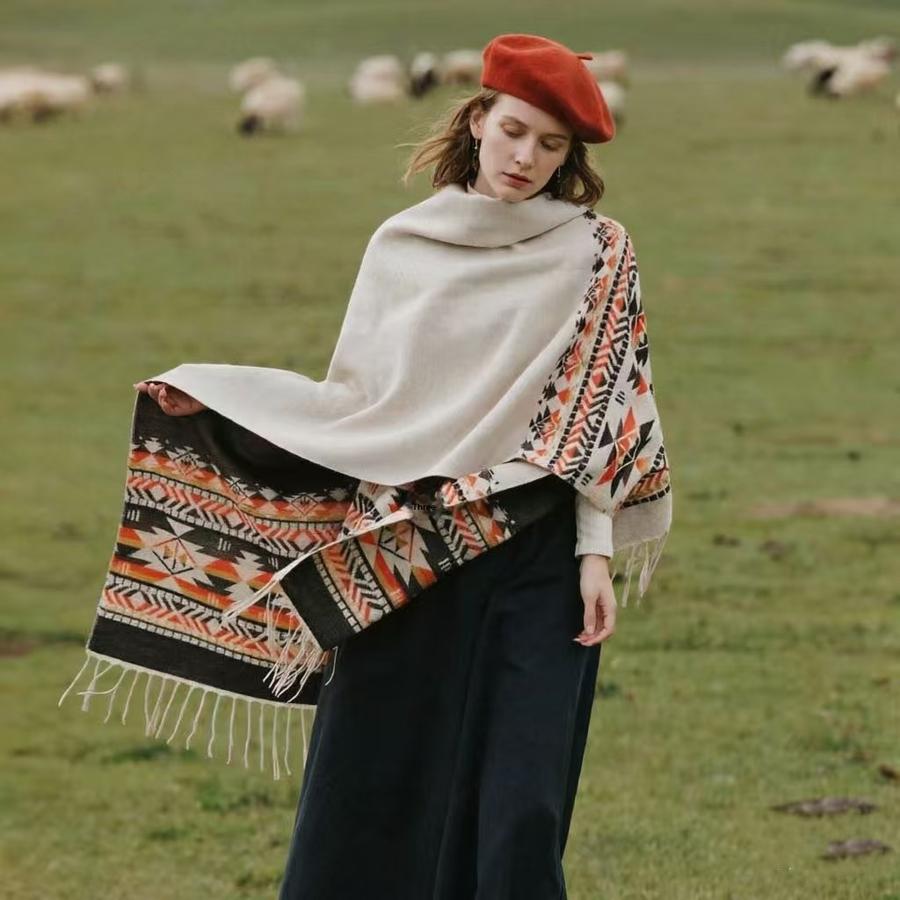 New Colorful Ethnic Style Shawl for Women, Tassels Fringe Thick Warm Cape for Travel Outdoor Outfit Accessory