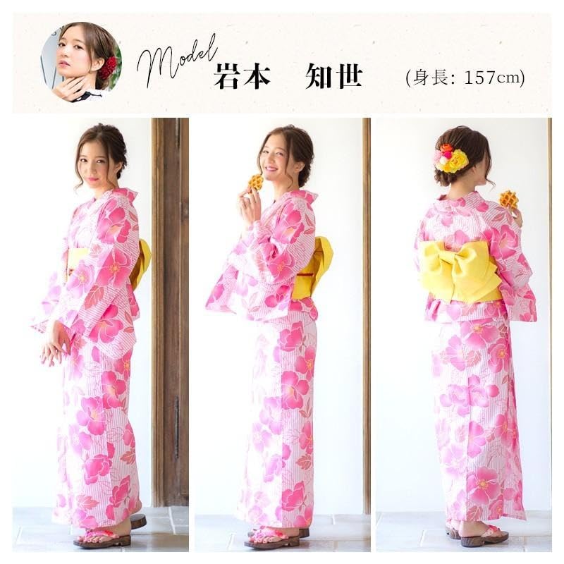 Dita Women's Yukata Set (5 pieces) with Pre-tied Obi, Pink and Yellow, Retro, Large Pattern, Pop, Bold, Camellia Design, Easy to Wear by One Person