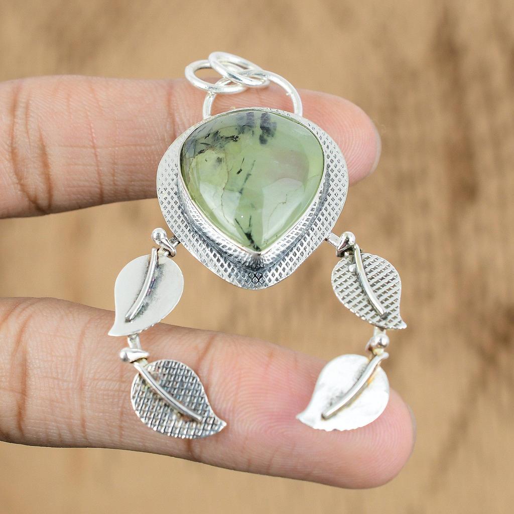 Natural Moss Prehnite Gemstone Pendant 925 Sterling Silver Indian Jewelry