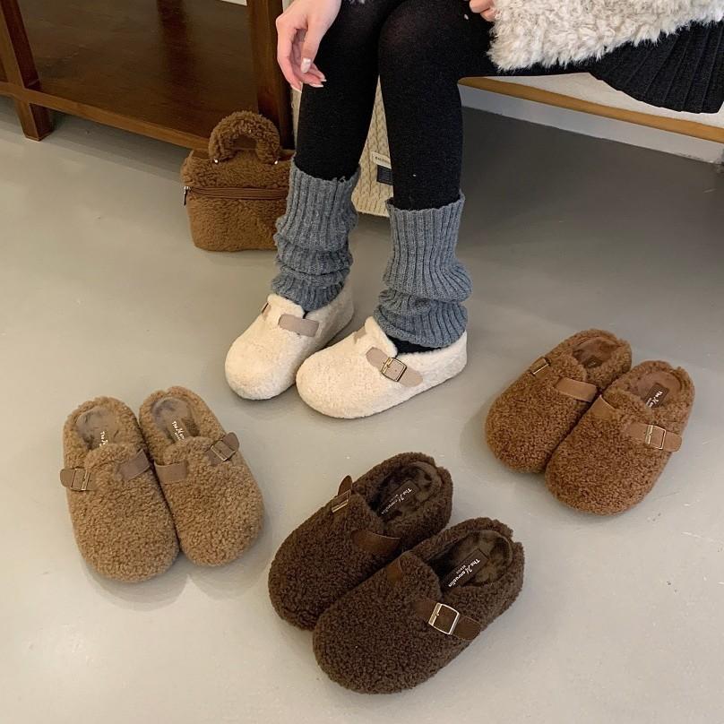 2025 New Belt Buckle Thick-soled Imitation Lamb Wool Cotton Slippers Outer Wear Bag Head Fluff Half-drag Warm Women's Shoes Slippers